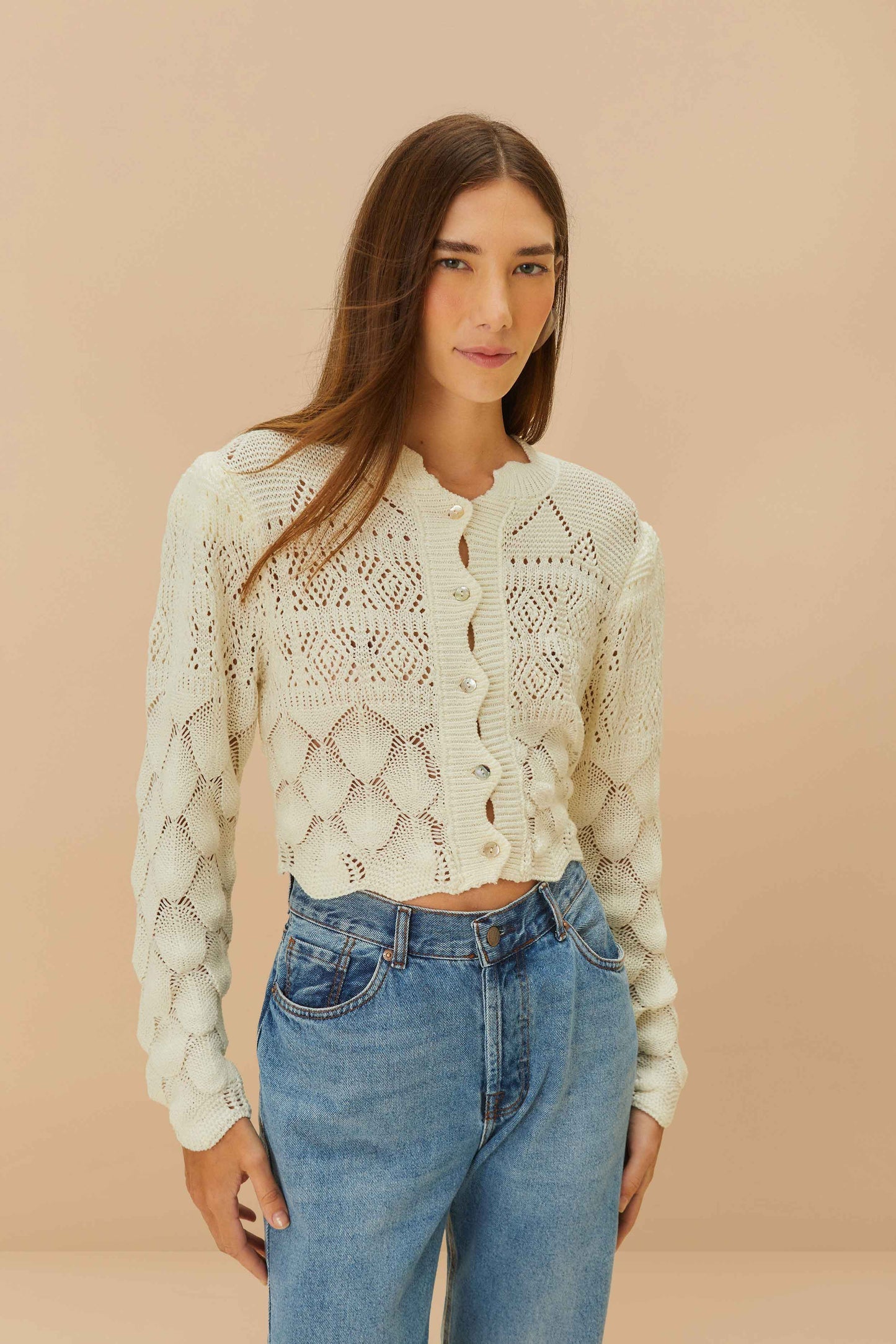FARM Rio Off-White Mixed Lace Stitch Cardigan