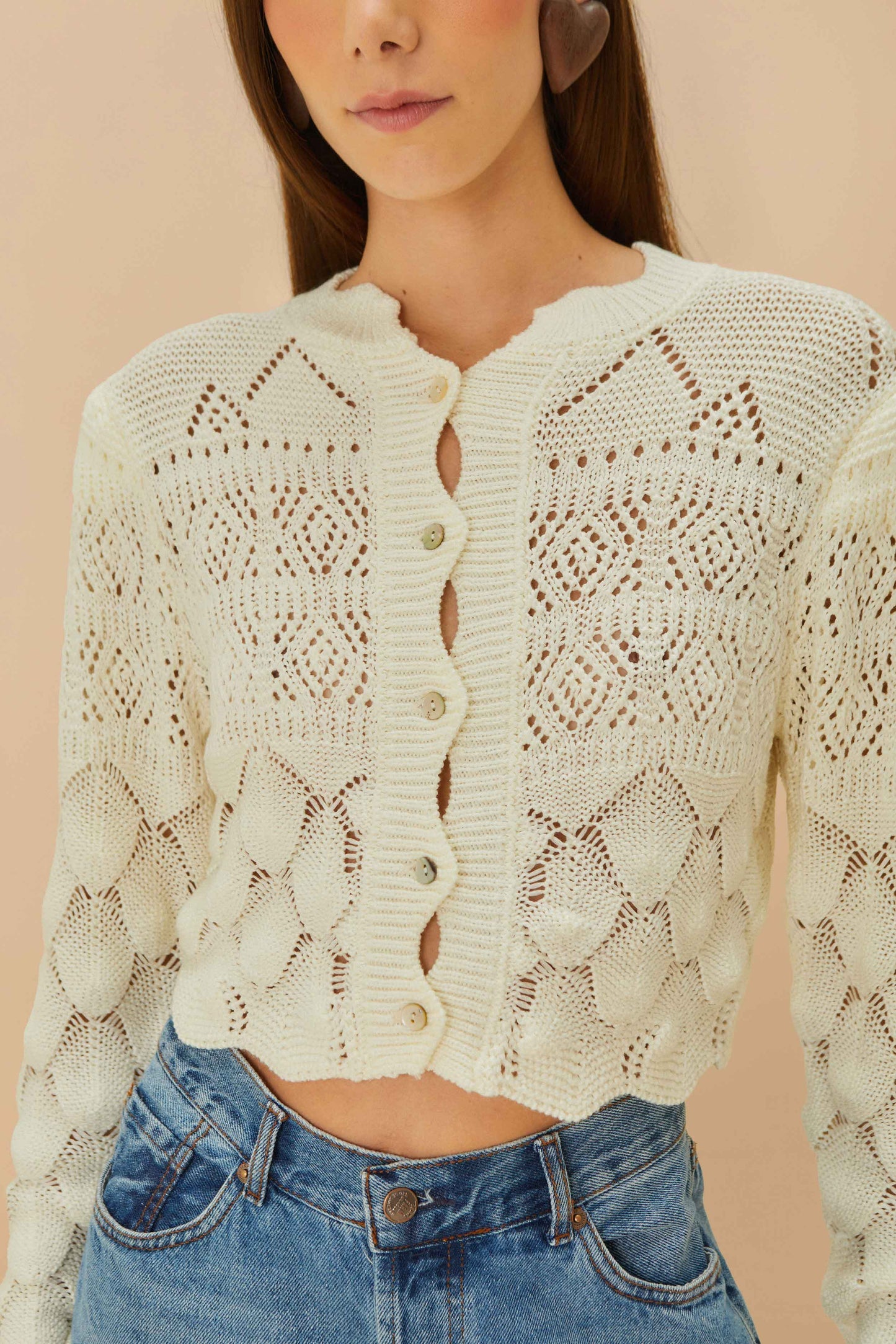 FARM Rio Off-White Mixed Lace Stitch Cardigan