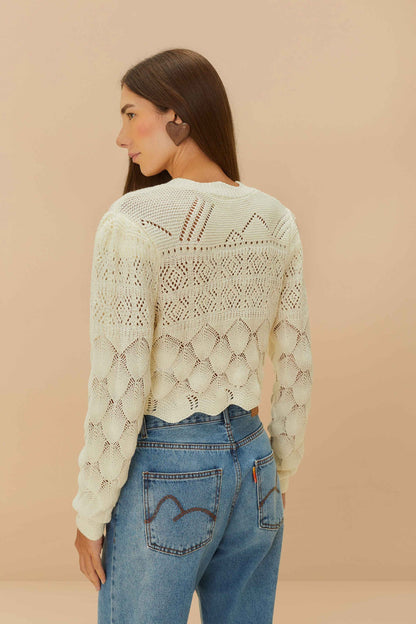 FARM Rio Off-White Mixed Lace Stitch Cardigan