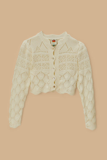FARM Rio Off-White Mixed Lace Stitch Cardigan
