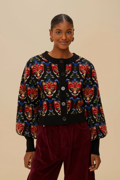 FARM Rio Black Boho Panther Cardigan