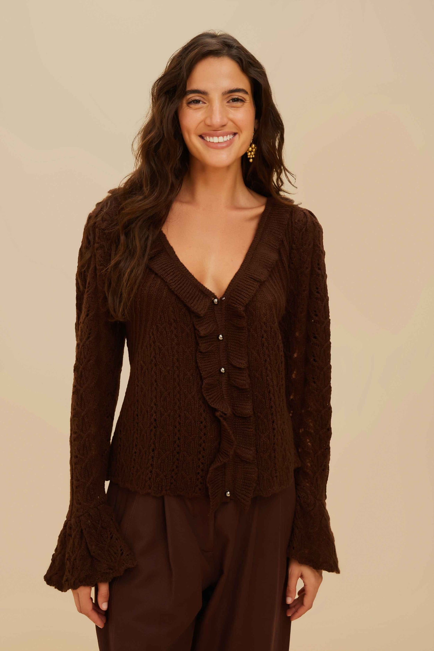 FARM Rio Lace Stitch Knit Ruffles Cardigan