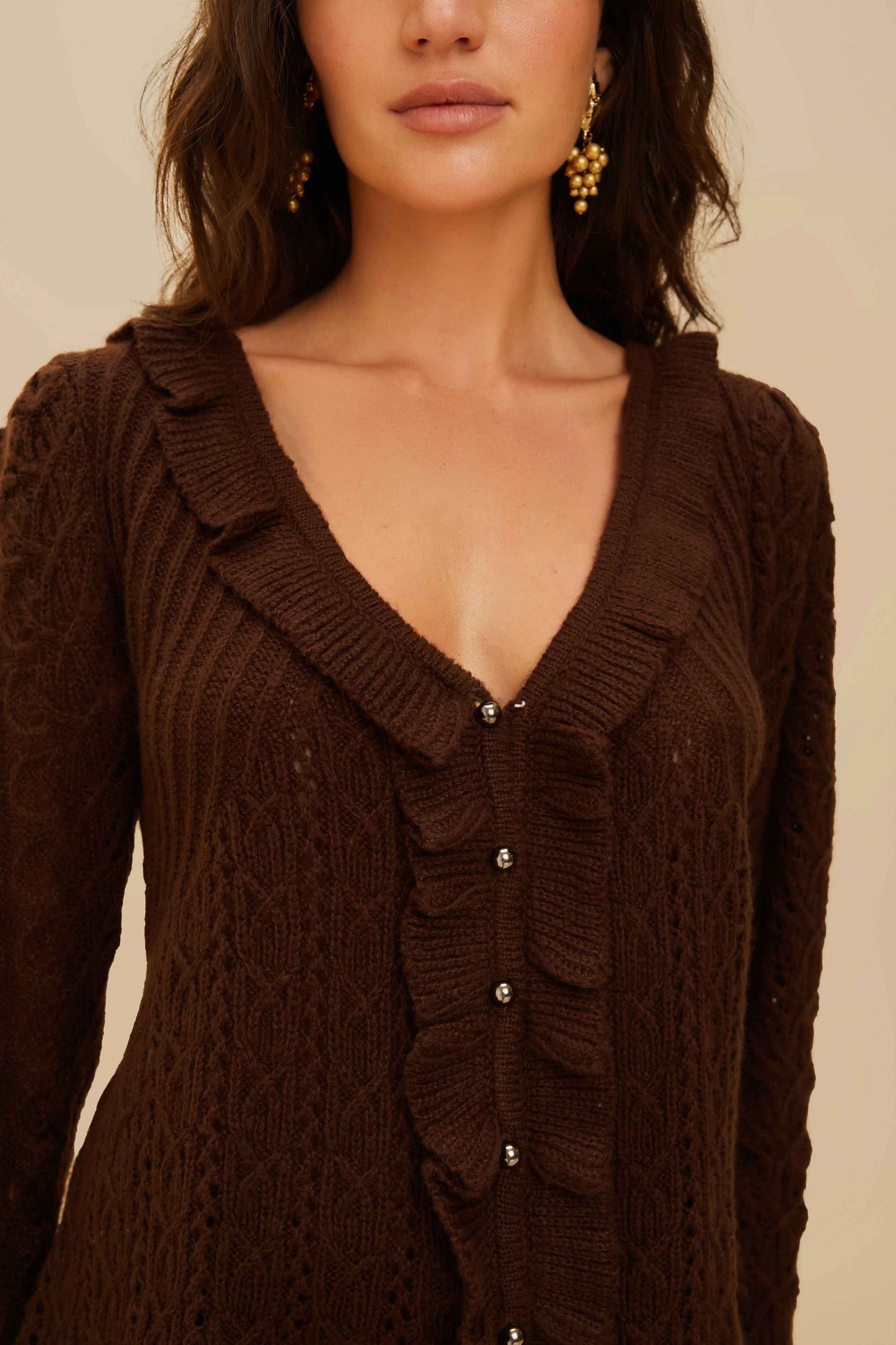 FARM Rio Lace Stitch Knit Ruffles Cardigan