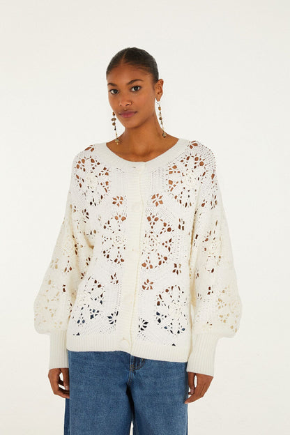 FARM Rio Off-White Crochet 3d Flower Knit Cardigan | FARM Rio