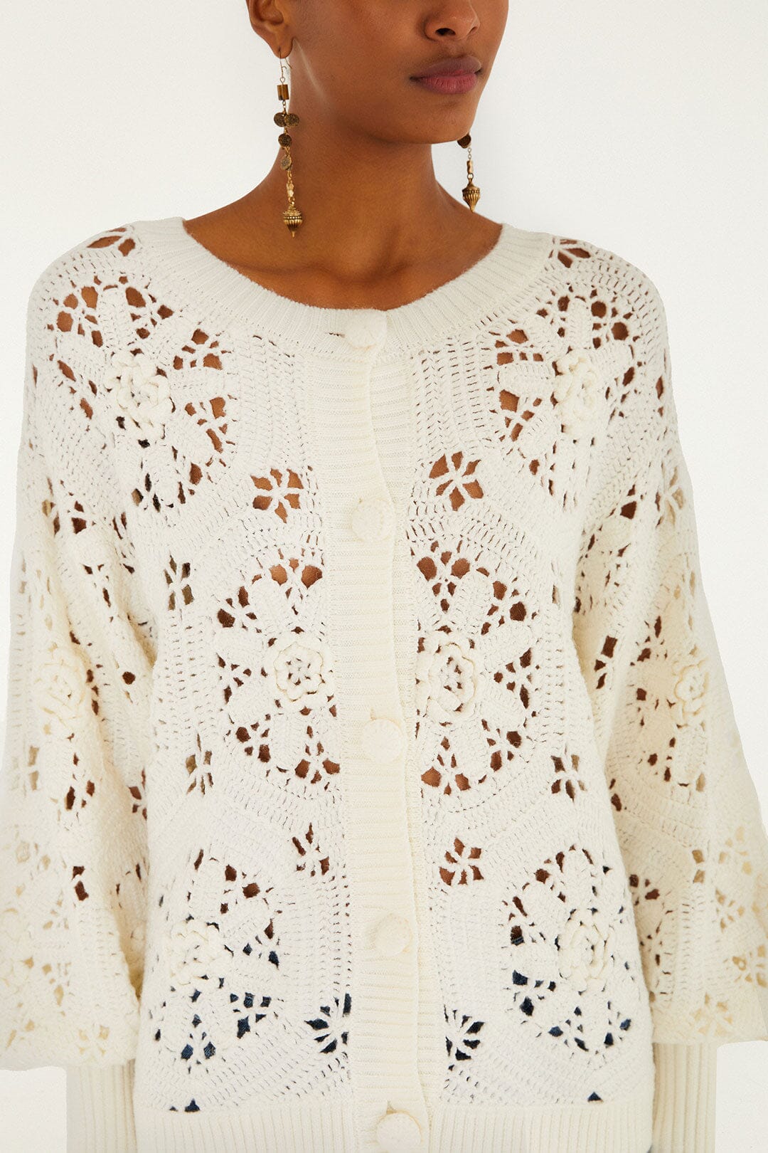 FARM Rio Off-White Crochet 3d Flower Knit Cardigan | FARM Rio