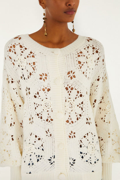 FARM Rio Off-White Crochet 3d Flower Knit Cardigan | FARM Rio