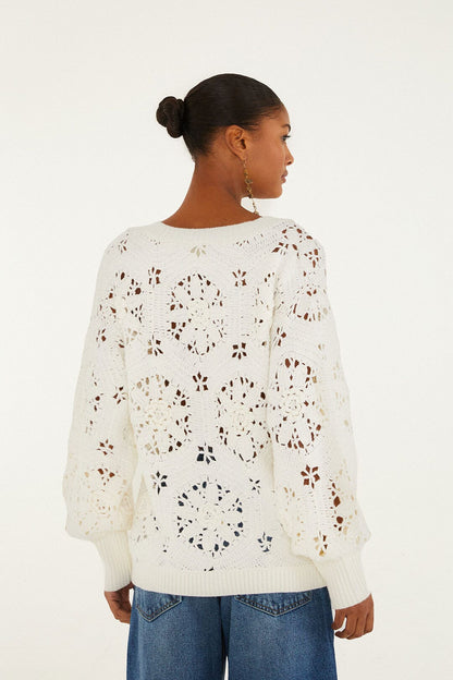 FARM Rio Off-White Crochet 3d Flower Knit Cardigan | FARM Rio