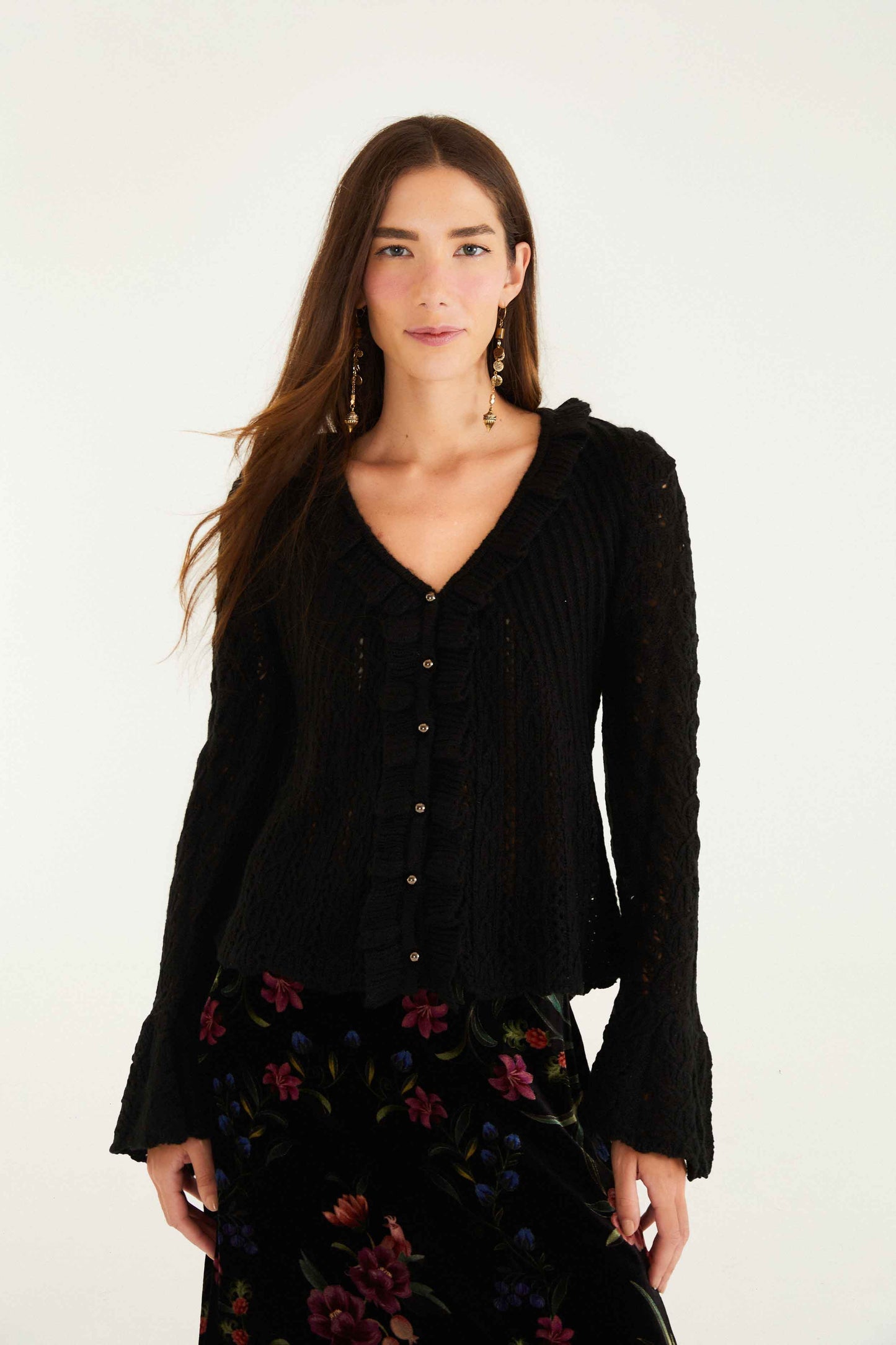 FARM Rio Black Lace Ruffled Knit Cardigan | FARM Rio