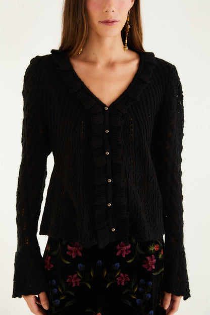 FARM Rio Black Lace Ruffled Knit Cardigan | FARM Rio