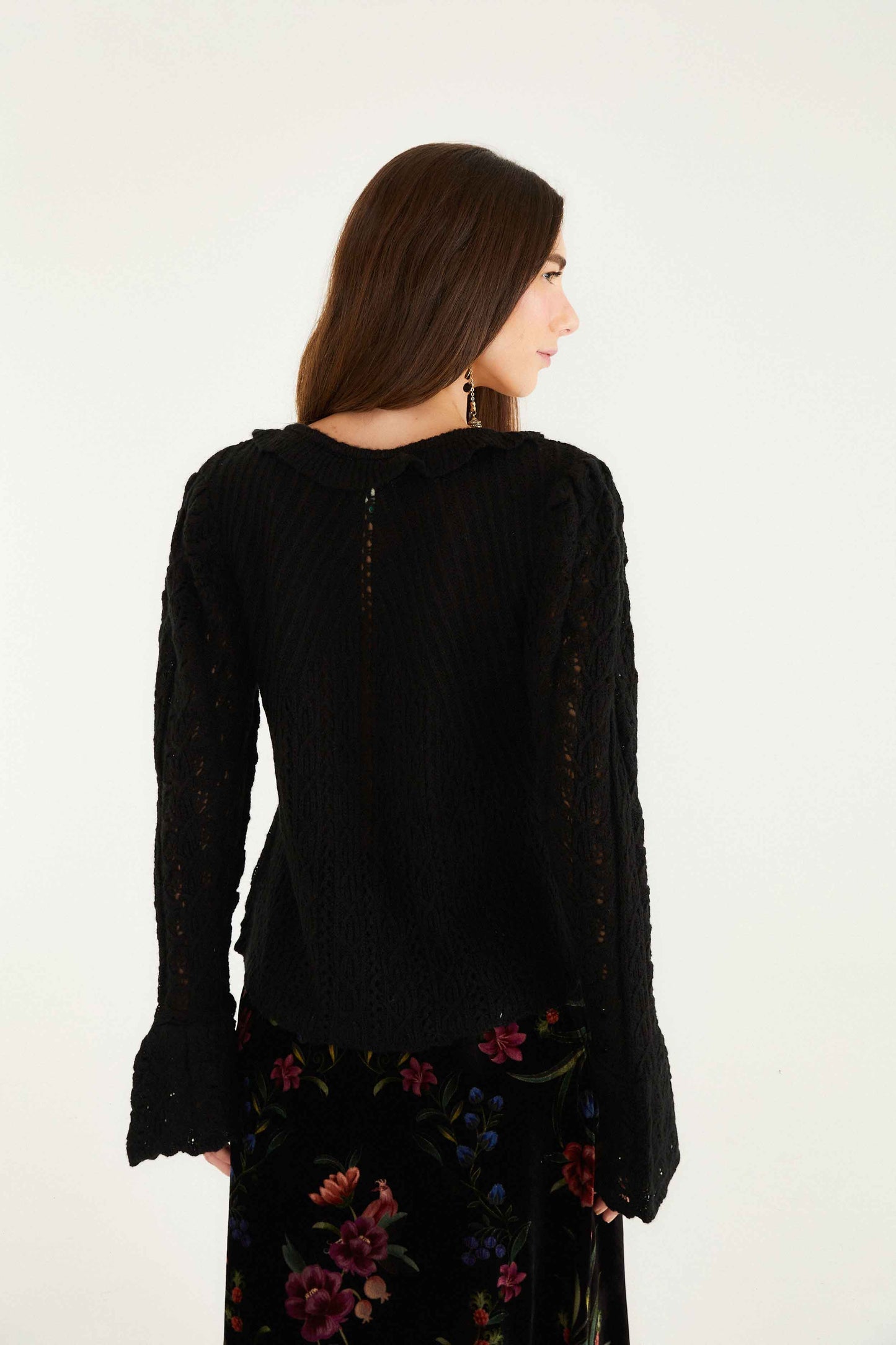 FARM Rio Black Lace Ruffled Knit Cardigan | FARM Rio