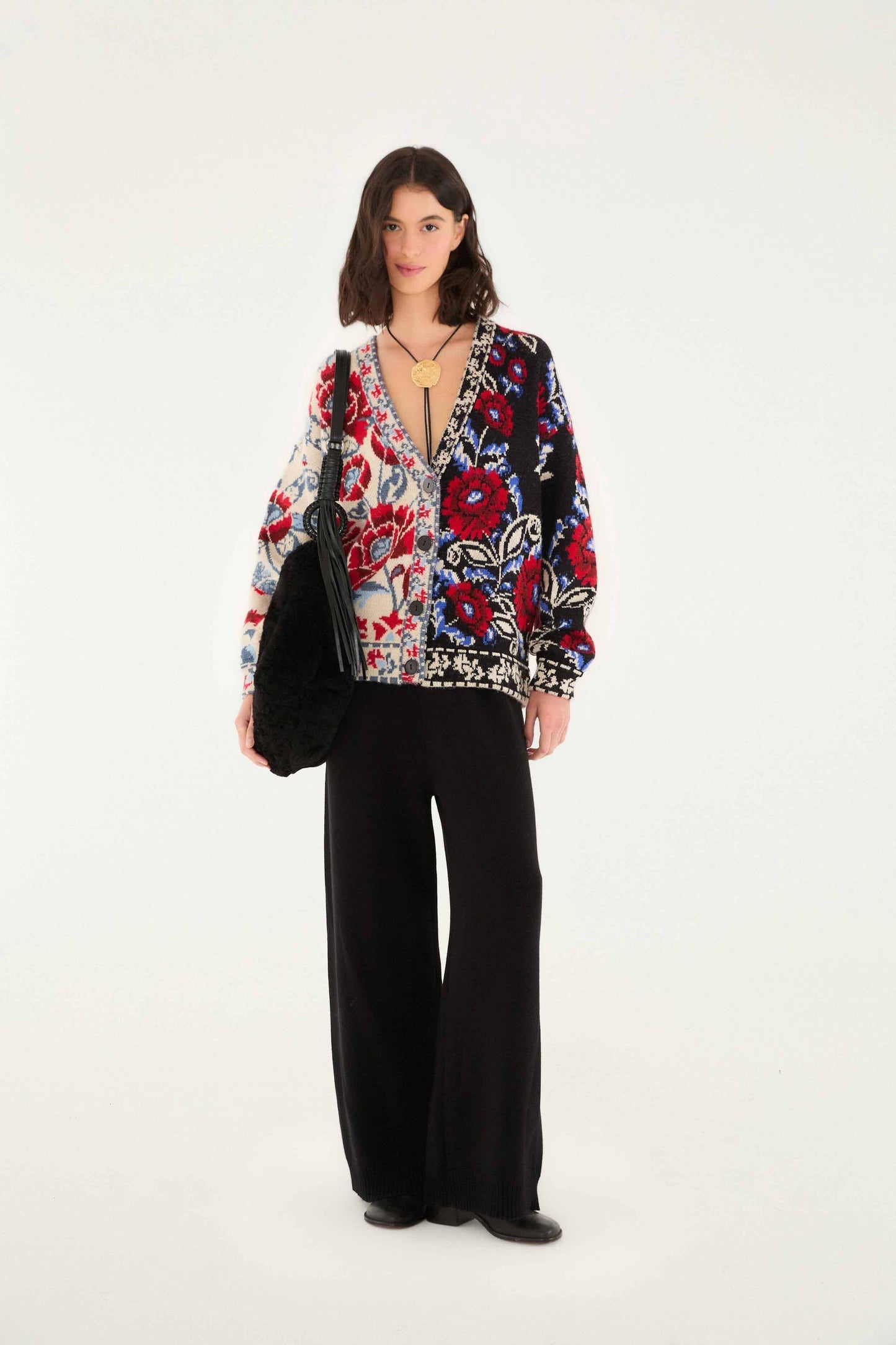 FARM Rio Black Mixed Valentina V Neck Knit Cardigan | FARM Rio
