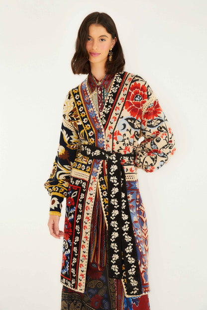 FARM Rio Mixed Flower Print Patchwork Knit Midi Cardigan | FARM Rio