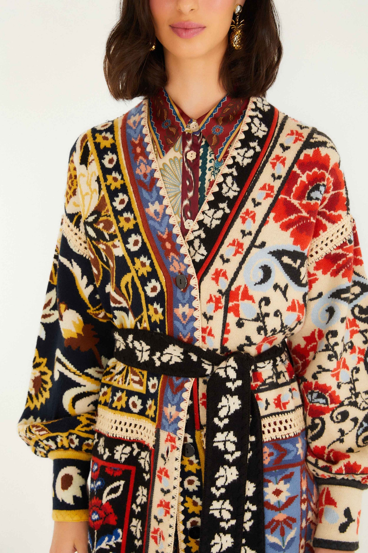 FARM Rio Mixed Flower Print Patchwork Knit Midi Cardigan | FARM Rio