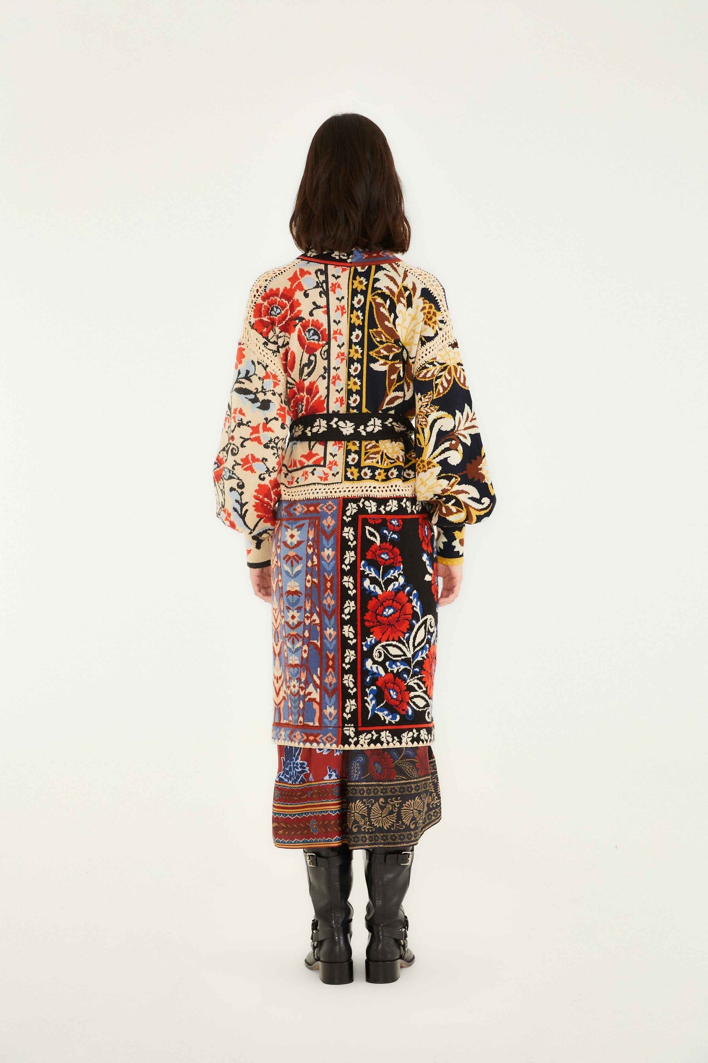 FARM Rio Mixed Flower Print Patchwork Knit Midi Cardigan | FARM Rio