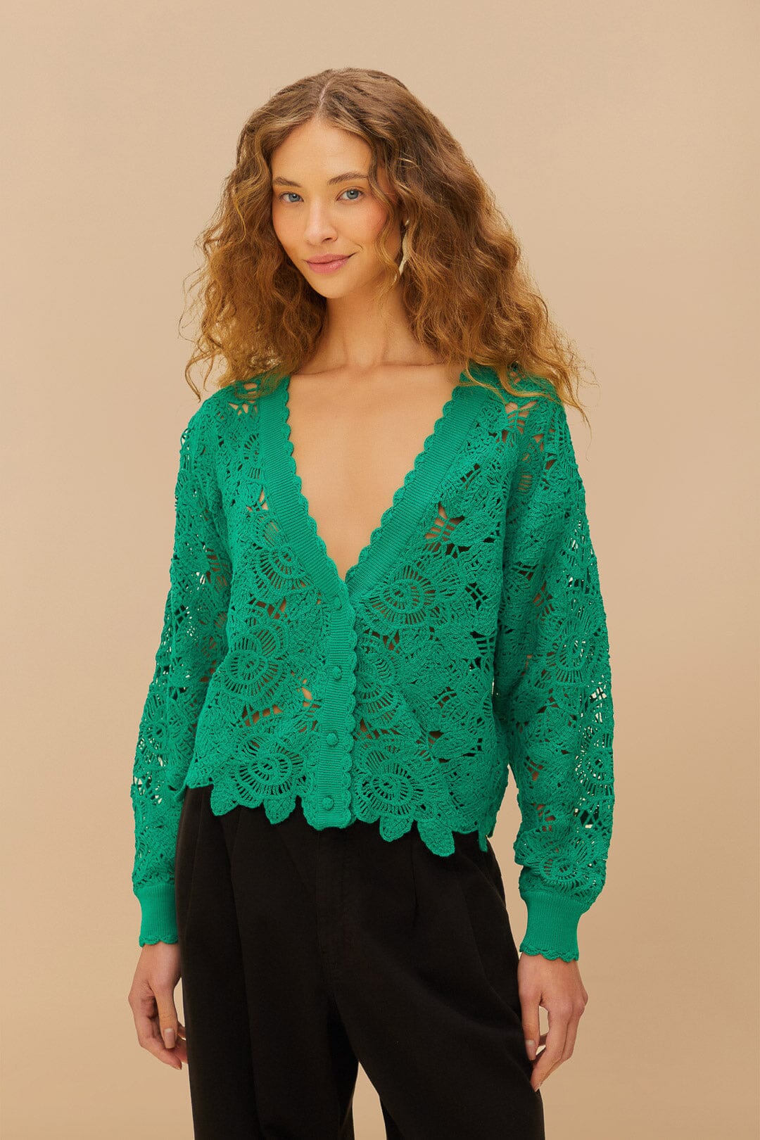 FARM Rio Green Flower Crochet Cardigan