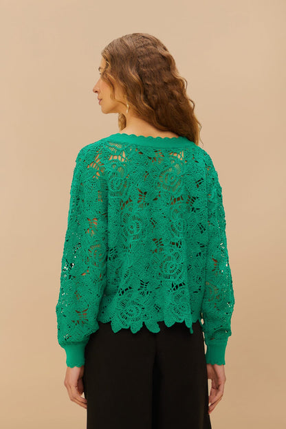 FARM Rio Green Flower Crochet Cardigan