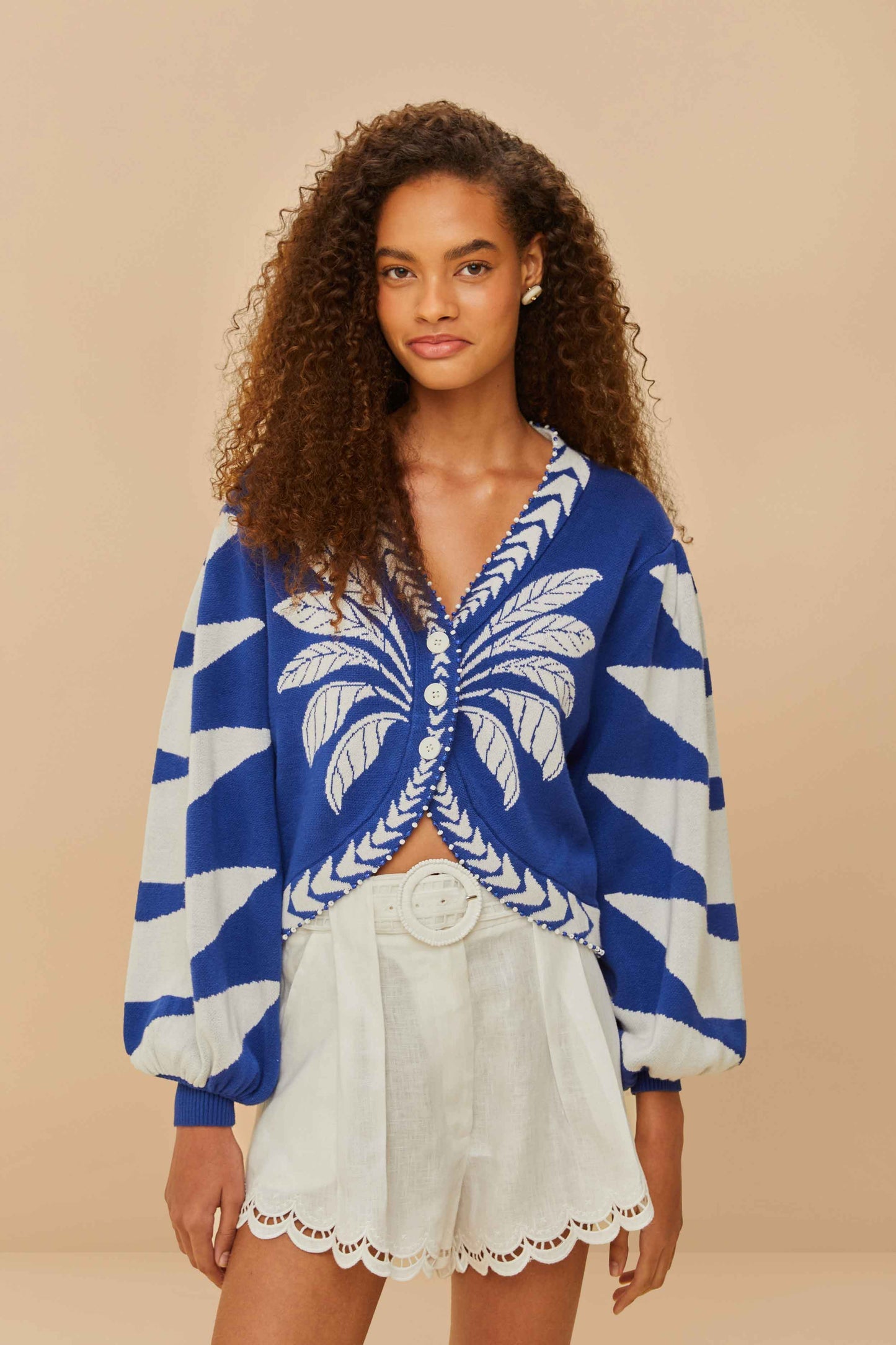 FARM Rio Blue Palms Graphic Knit Cardigan