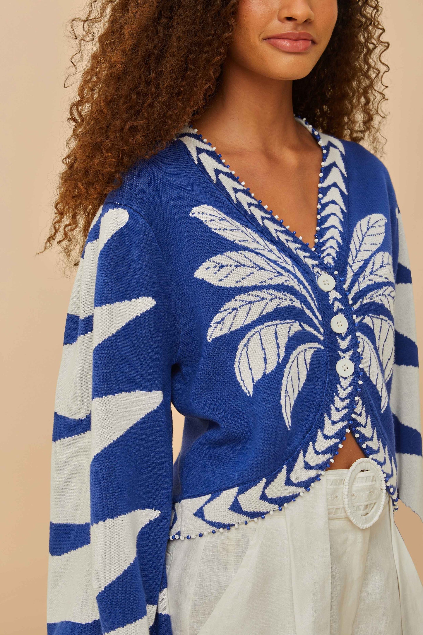 FARM Rio Blue Palms Graphic Knit Cardigan