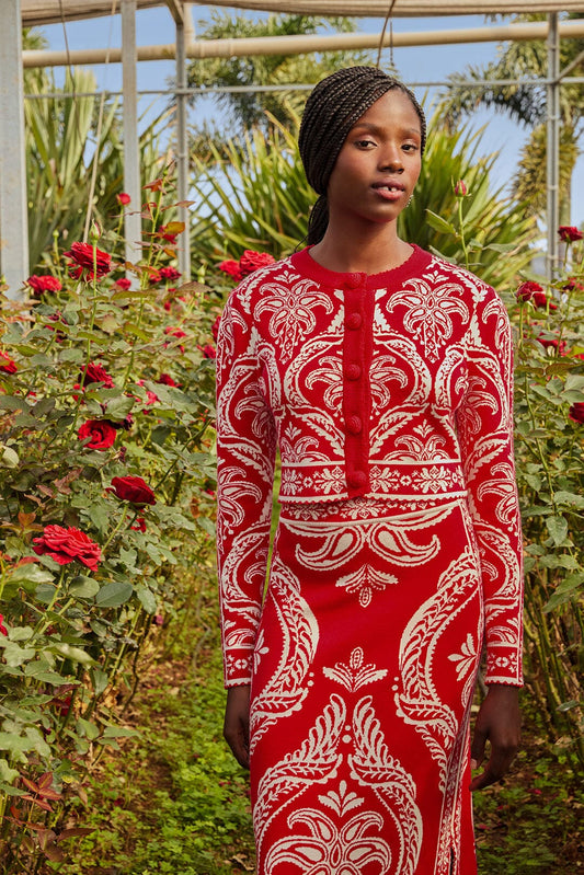 FARM Rio Red Tropical Jacquard Knit Cardigan