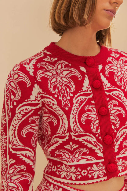 FARM Rio Red Tropical Jacquard Knit Cardigan