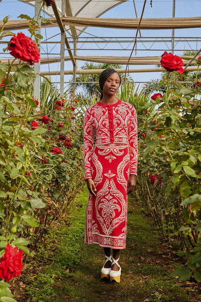 FARM Rio Red Tropical Jacquard Knit Cardigan