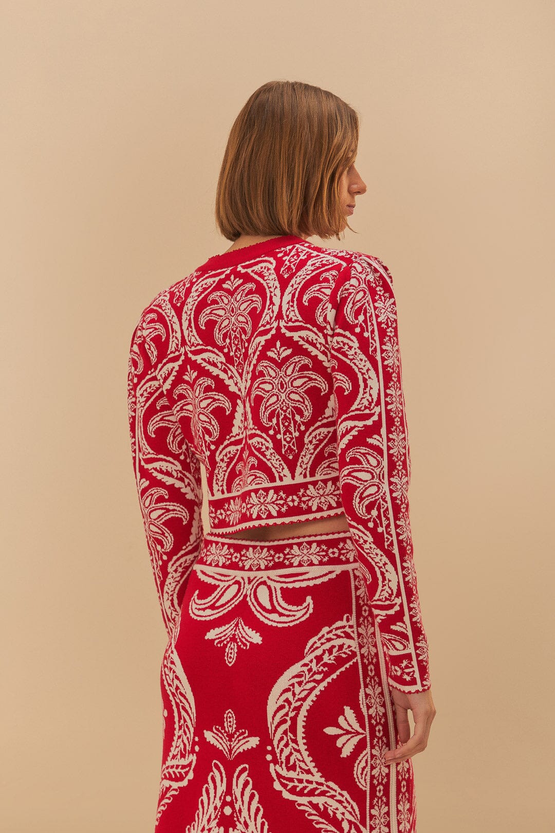 FARM Rio Red Tropical Jacquard Knit Cardigan
