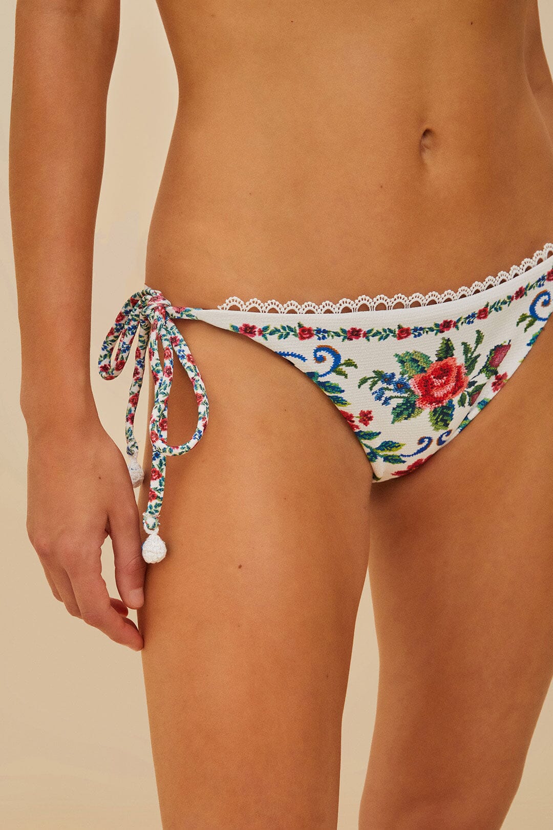 FARM Rio Off-White Flower Tapestry Side Tie Bikini Bottom
