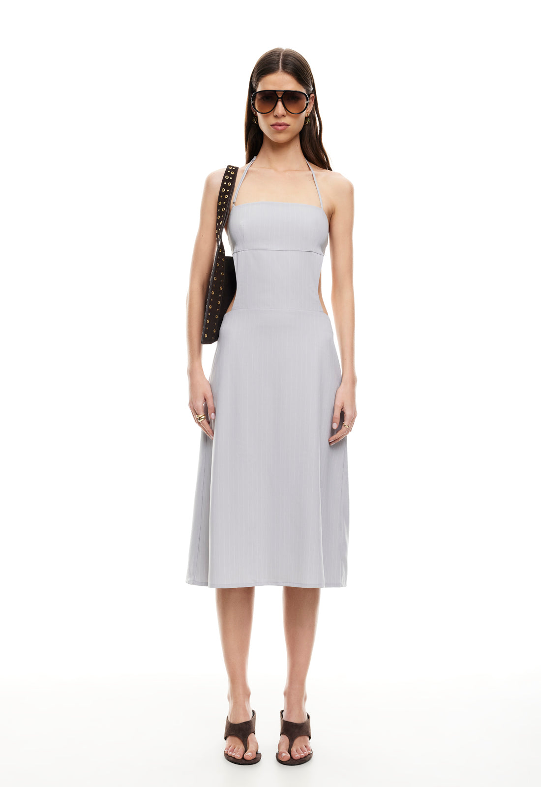 Lioness Fashion For Sale | MOONLIT MIDI DRESS - LIGHT GREY PINSTRIPE