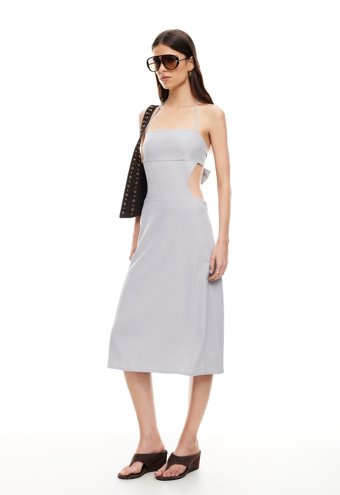 Lioness Fashion For Sale | MOONLIT MIDI DRESS - LIGHT GREY PINSTRIPE